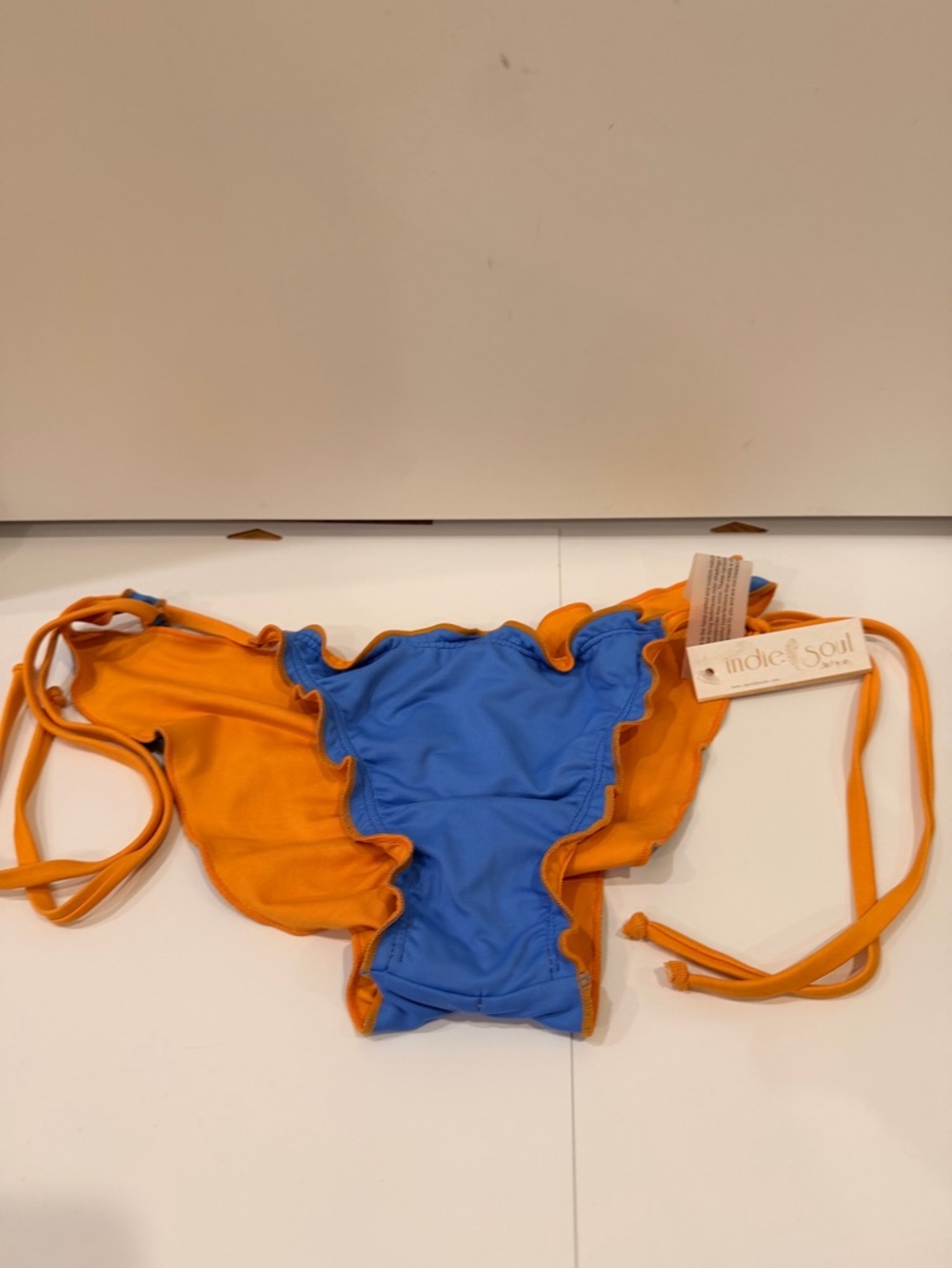 Indie Soul Bikini Bottom Size Large – Blue & Orange, Ruffle Trim, Tie Side